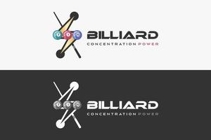 biljart logo ontwerp met creatief concept, biljart bal icoon gecombineerd met elektrisch icoon en biljart stok vector