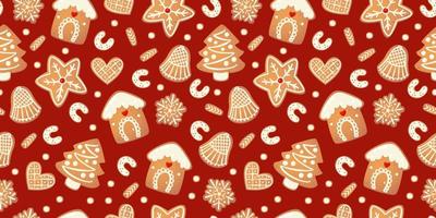 Kerstmis peperkoek vector naadloos patroon. winter tekens in tekenfilm stijl. vakantie ontwerp achtergrond. nieuw jaar Scandinavisch stijl.