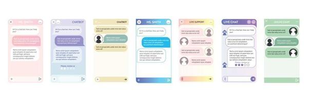 Chatbot venster set. gebruiker koppel van toepassing met online dialoog. gesprek met een robot assistent vector