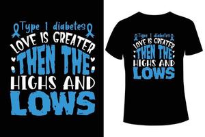 type 1 diabetes liefde is groter vervolgens de hoogtepunten en dieptepunten diabetes bewustzijn t-shirt ontwerp vector sjabloon