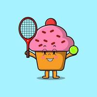 schattig tekenfilm koekje karakter Speel tennis veld- vector