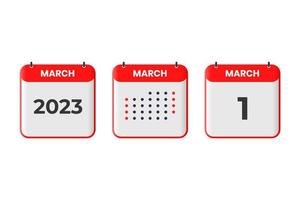 maart 1 kalender ontwerp icoon. 2023 kalender schema, afspraak, belangrijk datum concept vector