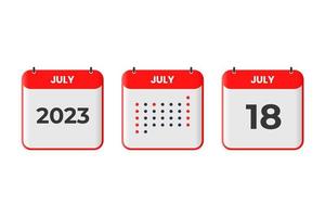 juli 18 kalender ontwerp icoon. 2023 kalender schema, afspraak, belangrijk datum concept vector