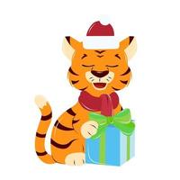 een tijger welp in een de kerstman claus nieuw jaar hoed is zittend met een geschenk, hand- tekening vector