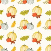 naadloos patroon met pompoenen, appels en eik bladeren. hand- getrokken vector illustratie in warm kleuren. achtergrond voor herfst oogst vakantie, dankzegging, halloween, seizoensgebonden, textiel, scrapbooken.