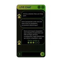 Chatbot venster. donker modus. gebruiker koppel van toepassing met online dialoog. gesprek met een robot assistent vector