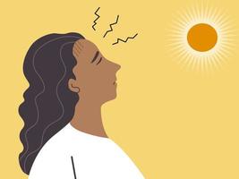 een vrouw staand onder zon licht Aan heet weer en hebben hoofdpijn, zonnesteek concept. vlak vector illustratie.