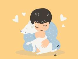 een weinig jongen is knuffelen hond, kind liefde hond vector. ontwerp voor knuffel dag concept, vlak vector illustratie.