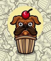 schattig mopshond hond chocola taart met kersen illustratie vector