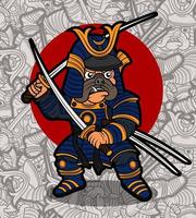schattig mopshond hond samurai krijger illustratie vector