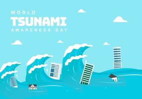 wereld tsunami bewustzijn dag achtergrond met gebouw en Golf. vector