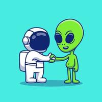 schattig astronaut hand- schudden met buitenaards wezen tekenfilm vector icoon illustratie. wetenschap technologie icoon concept geïsoleerd premie vector. vlak tekenfilm stijl