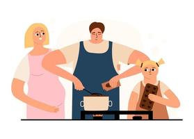 pa, zwanger mama, dochter bereiden chocola, toetje samen. Mens, vrouw en meisje zijn Koken. vector illustratie in vlak stijl