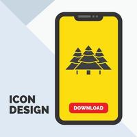 Woud. camping. oerwoud. boom. dennen glyph icoon in mobiel voor downloaden bladzijde. geel achtergrond vector