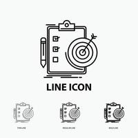 doelen. rapport. analyses. doelwit. prestatie icoon in dun. regelmatig en stoutmoedig lijn stijl. vector illustratie