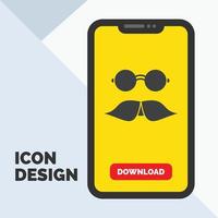 snor. hipster. verhuizer. bril. mannen glyph icoon in mobiel voor downloaden bladzijde. geel achtergrond vector