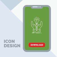 idee. ideeën. creatief. deel. handen lijn icoon in mobiel voor downloaden bladzijde vector