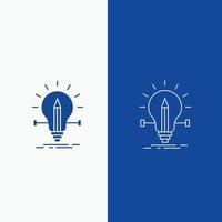 lamp. creatief. oplossing. licht. potlood lijn en glyph web knop in blauw kleur verticaal banier voor ui en ux. website of mobiel toepassing vector