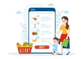 online kruidenier op te slaan of supermarkt naar bestellen dagelijks benodigdheden of voedsel via de app in vlak tekenfilm hand- getrokken Sjablonen illustratie vector