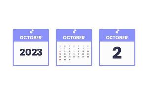 oktober kalender ontwerp. oktober 2 2023 kalender icoon voor schema, afspraak, belangrijk datum concept vector