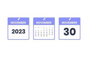 november kalender ontwerp. november 30 2023 kalender icoon voor schema, afspraak, belangrijk datum concept vector