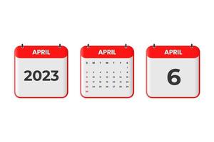 april 2023 kalender ontwerp. 6e april 2023 kalender icoon voor schema, afspraak, belangrijk datum concept vector