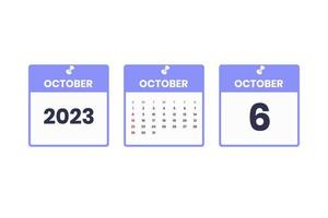 oktober kalender ontwerp. oktober 6 2023 kalender icoon voor schema, afspraak, belangrijk datum concept vector