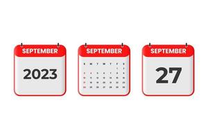 september 2023 kalender ontwerp. 27e september 2023 kalender icoon voor schema, afspraak, belangrijk datum concept vector