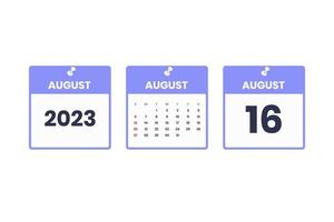 augustus kalender ontwerp. augustus 16 2023 kalender icoon voor schema, afspraak, belangrijk datum concept vector