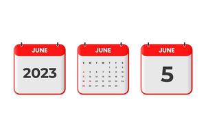juni 2023 kalender ontwerp. 5e juni 2023 kalender icoon voor schema, afspraak, belangrijk datum concept vector