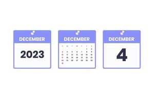 december kalender ontwerp. december 4 2023 kalender icoon voor schema, afspraak, belangrijk datum concept vector