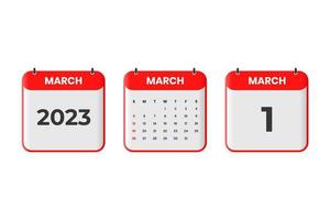 maart 2023 kalender ontwerp. 1e maart 2023 kalender icoon voor schema, afspraak, belangrijk datum concept vector