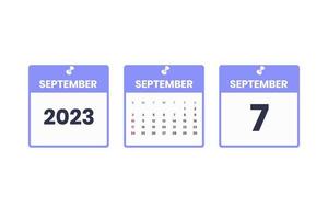 september kalender ontwerp. september 7 2023 kalender icoon voor schema, afspraak, belangrijk datum concept vector