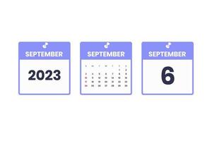 september kalender ontwerp. september 6 2023 kalender icoon voor schema, afspraak, belangrijk datum concept vector