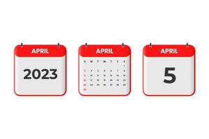 april 2023 kalender ontwerp. 5e april 2023 kalender icoon voor schema, afspraak, belangrijk datum concept vector