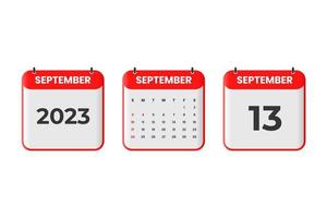 september 2023 kalender ontwerp. 13e september 2023 kalender icoon voor schema, afspraak, belangrijk datum concept vector