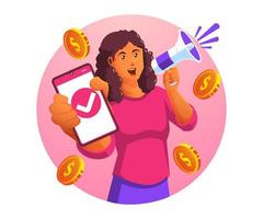 een vrouw Holding smartphone en megafoon met dollar munten vliegend in de omgeving van vector