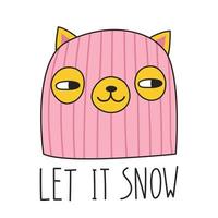 schattig kat in een roze bivakmuts en belettering laat het sneeuw. tekening stijl. vector illustratie