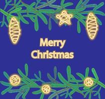 vakantie achtergrond met seizoen wensen en Kerstmis speelgoed en decoraties Aan een slinger vector