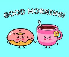 schattig, grappig gelukkig kop van koffie en roze donut karakter. vector hand- getrokken tekenfilm kawaii karakters, illustratie icoon. grappig tekenfilm kop van thee en roze donut vrienden concept
