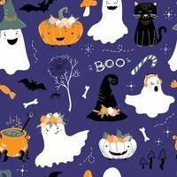 halloween patroon. schattig geesten, vleermuizen en heks hoed, spin web, snoep, zwart kat, pompoenen, botten en champignons. baby afdrukken vector