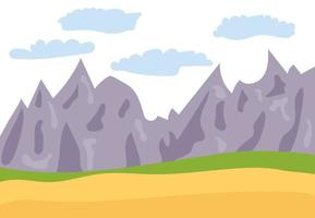 natuurlijk tekenfilm landschap in de vlak stijl met bergen, blauw lucht, wolken en heuvels. vector illustratie