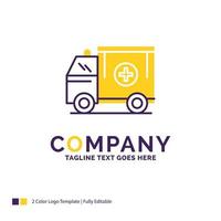 bedrijf naam logo ontwerp voor ambulance. vrachtwagen. medisch. helpen. bestelwagen. Purper en geel merk naam ontwerp met plaats voor slogan. creatief logo sjabloon voor klein en groot bedrijf. vector