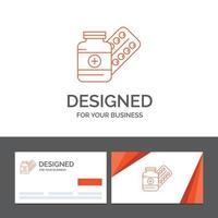 bedrijf logo sjabloon voor geneesmiddel. pil. capsule. drugs. tablet. oranje bezoekende kaarten met merk logo sjabloon vector
