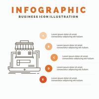 bedrijf. marktplaats. organisatie. gegevens. online markt infographics sjabloon voor website en presentatie. lijn grijs icoon met oranje infographic stijl vector illustratie