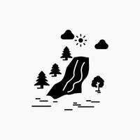 waterval. boom. pijn. wolken. natuur glyph icoon. vector geïsoleerd illustratie