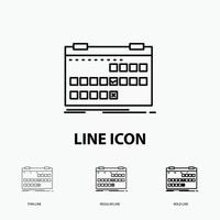 kalender. datum. evenement. laat los. schema icoon in dun. regelmatig en stoutmoedig lijn stijl. vector illustratie