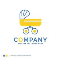 karretje. baby. kinderen. duw. wandelwagen blauw geel bedrijf logo sjabloon. creatief ontwerp sjabloon plaats voor slogan. vector