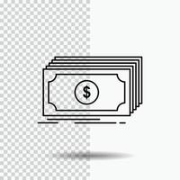 contant geld. dollar. financiën. fondsen. geld lijn icoon Aan transparant achtergrond. zwart icoon vector illustratie