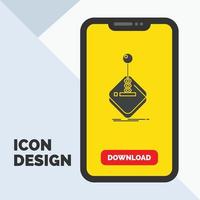 speelhal. spel. gamen. joystick. stok glyph icoon in mobiel voor downloaden bladzijde. geel achtergrond vector